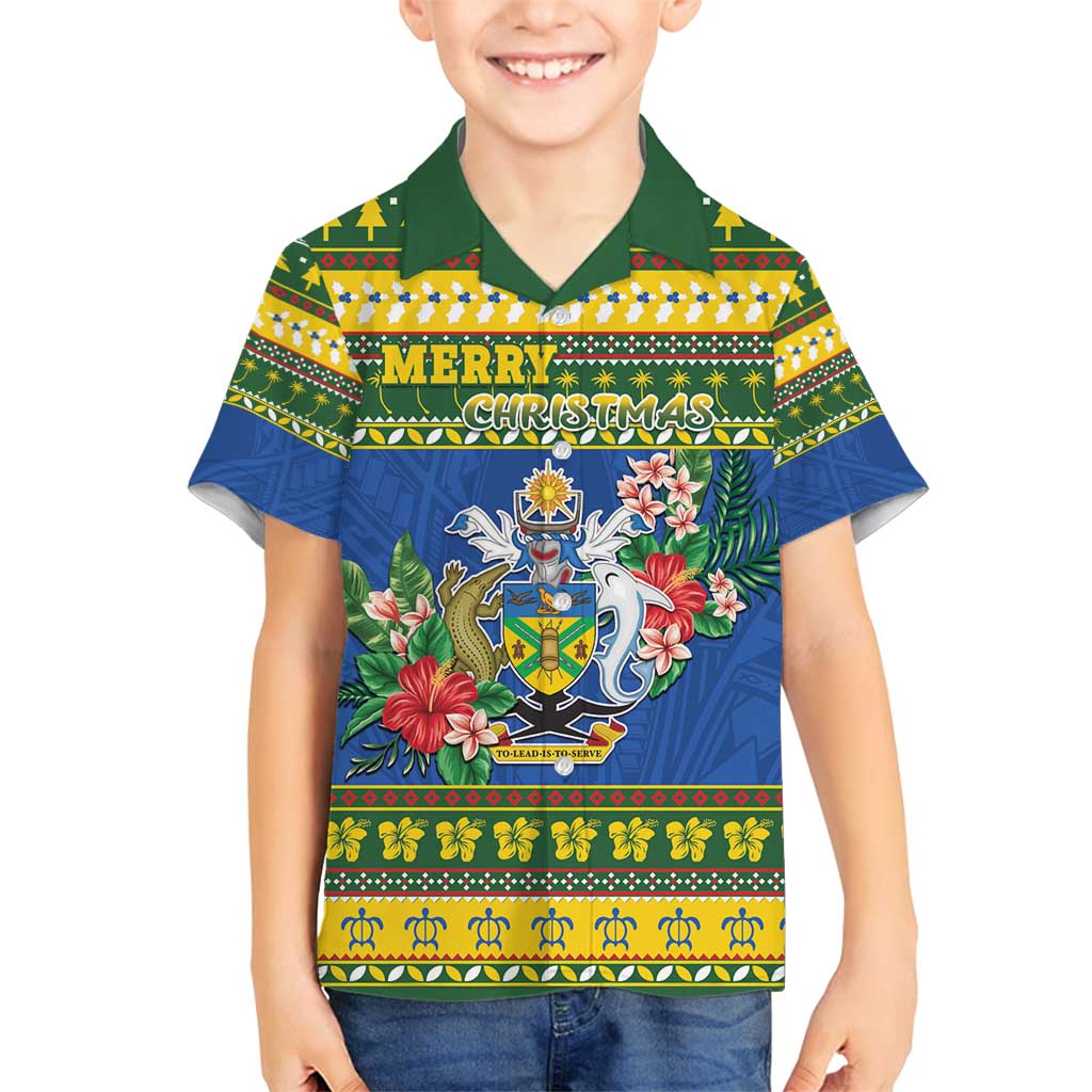 Solomon Islands Christmas Family Matching Tank Maxi Dress and Hawaiian Shirt Coat Of Arms Merry Xmas