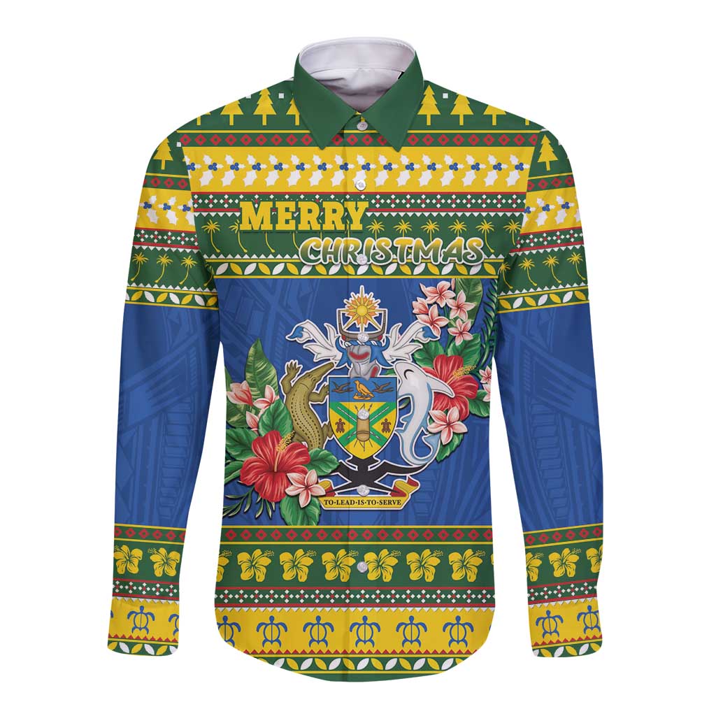 Solomon Islands Christmas Long Sleeve Button Shirt Coat Of Arms Merry Xmas