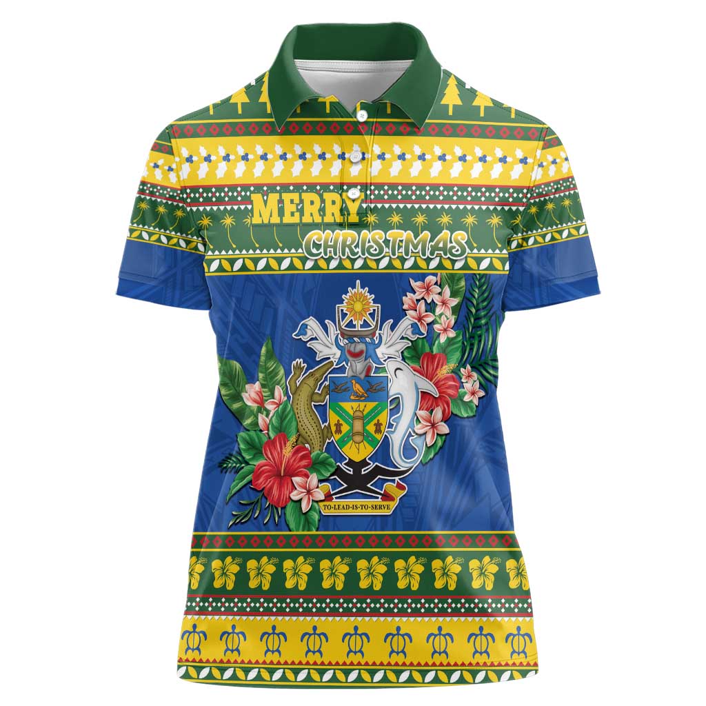 Solomon Islands Christmas Women Polo Shirt Coat Of Arms Merry Xmas