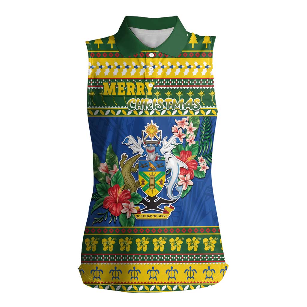 Solomon Islands Christmas Women Sleeveless Polo Shirt Coat Of Arms Merry Xmas