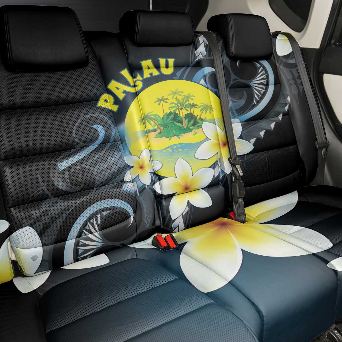 Palau United Nations Day Back Car Seat Cover Polynesian Curves Plumeria - Polynesian Pride
