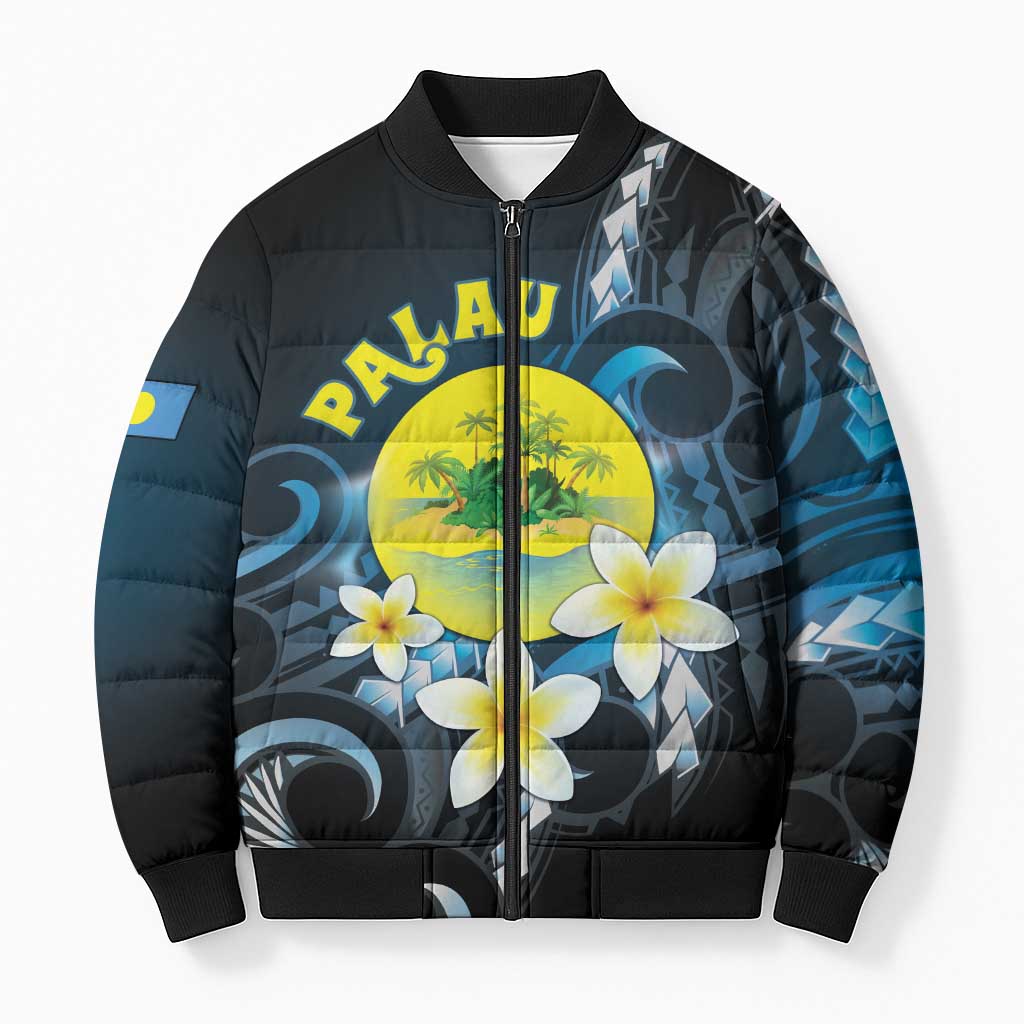 Palau United Nations Day Bomber Puffer Jacket Polynesian Curves Plumeria - Polynesian Pride