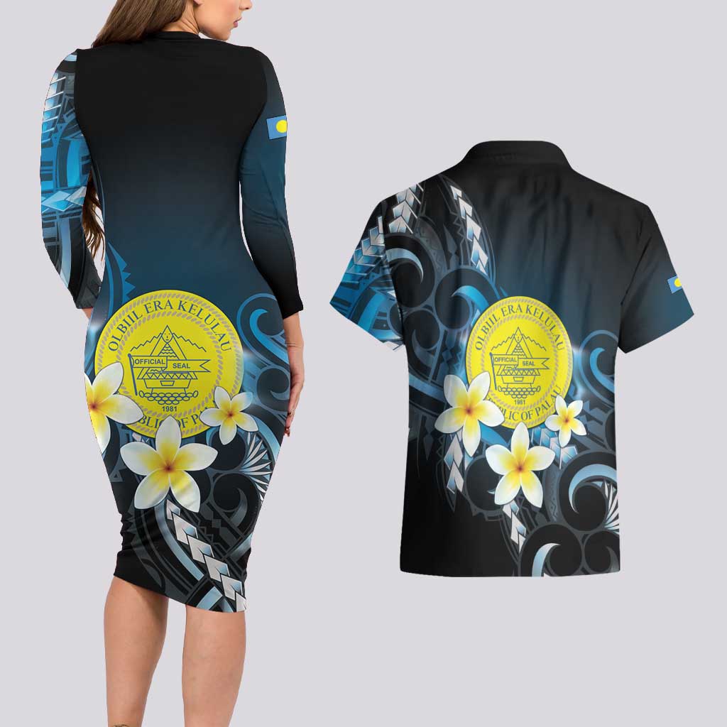 Palau United Nations Day Couples Matching Long Sleeve Bodycon Dress and Hawaiian Shirt Polynesian Curves Plumeria - Polynesian Pride