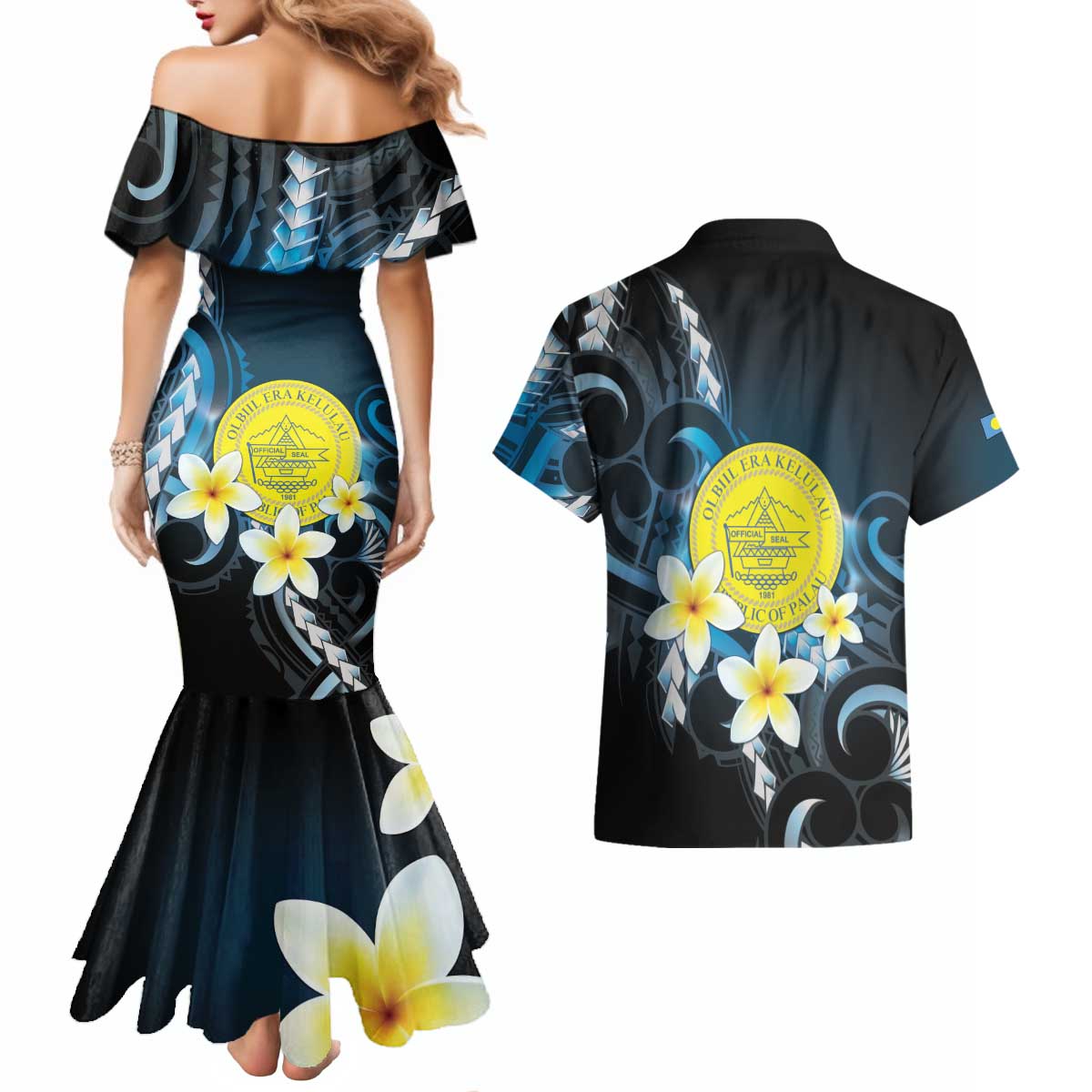 Palau United Nations Day Couples Matching Mermaid Dress and Hawaiian Shirt Polynesian Curves Plumeria - Polynesian Pride