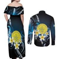 Palau United Nations Day Couples Matching Off Shoulder Maxi Dress and Long Sleeve Button Shirt Polynesian Curves Plumeria - Polynesian Pride