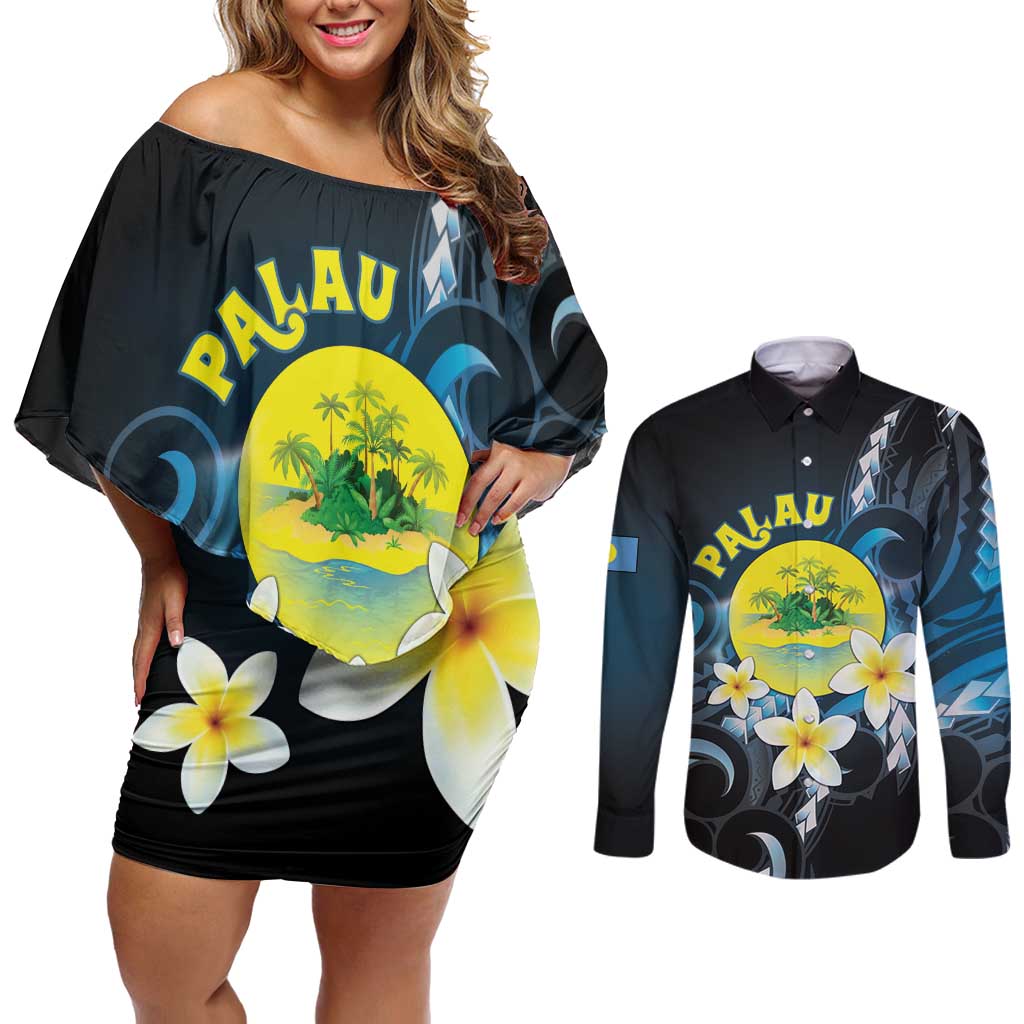 Palau United Nations Day Couples Matching Off Shoulder Short Dress and Long Sleeve Button Shirt Polynesian Curves Plumeria - Polynesian Pride