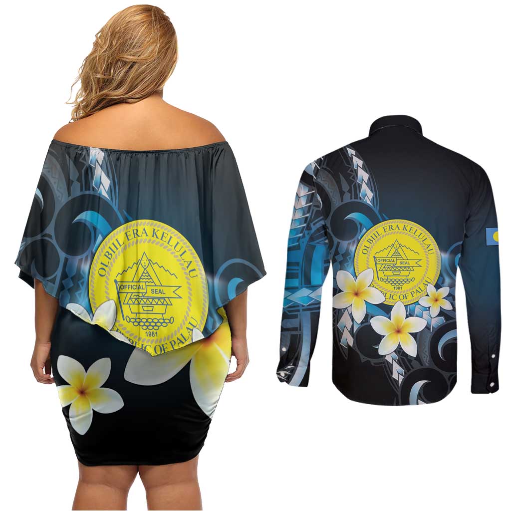 Palau United Nations Day Couples Matching Off Shoulder Short Dress and Long Sleeve Button Shirt Polynesian Curves Plumeria - Polynesian Pride