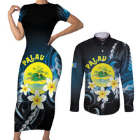 Palau United Nations Day Couples Matching Short Sleeve Bodycon Dress and Long Sleeve Button Shirt Polynesian Curves Plumeria - Polynesian Pride