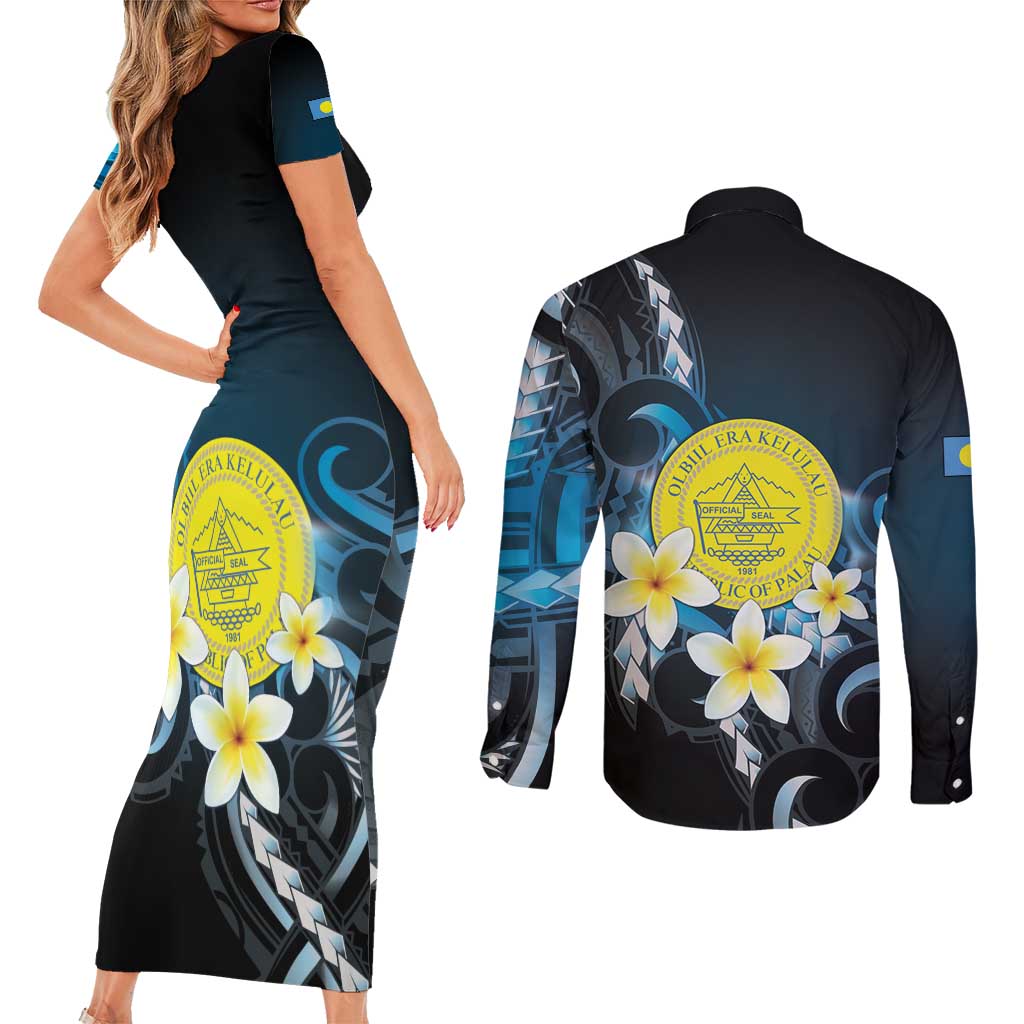Palau United Nations Day Couples Matching Short Sleeve Bodycon Dress and Long Sleeve Button Shirt Polynesian Curves Plumeria - Polynesian Pride