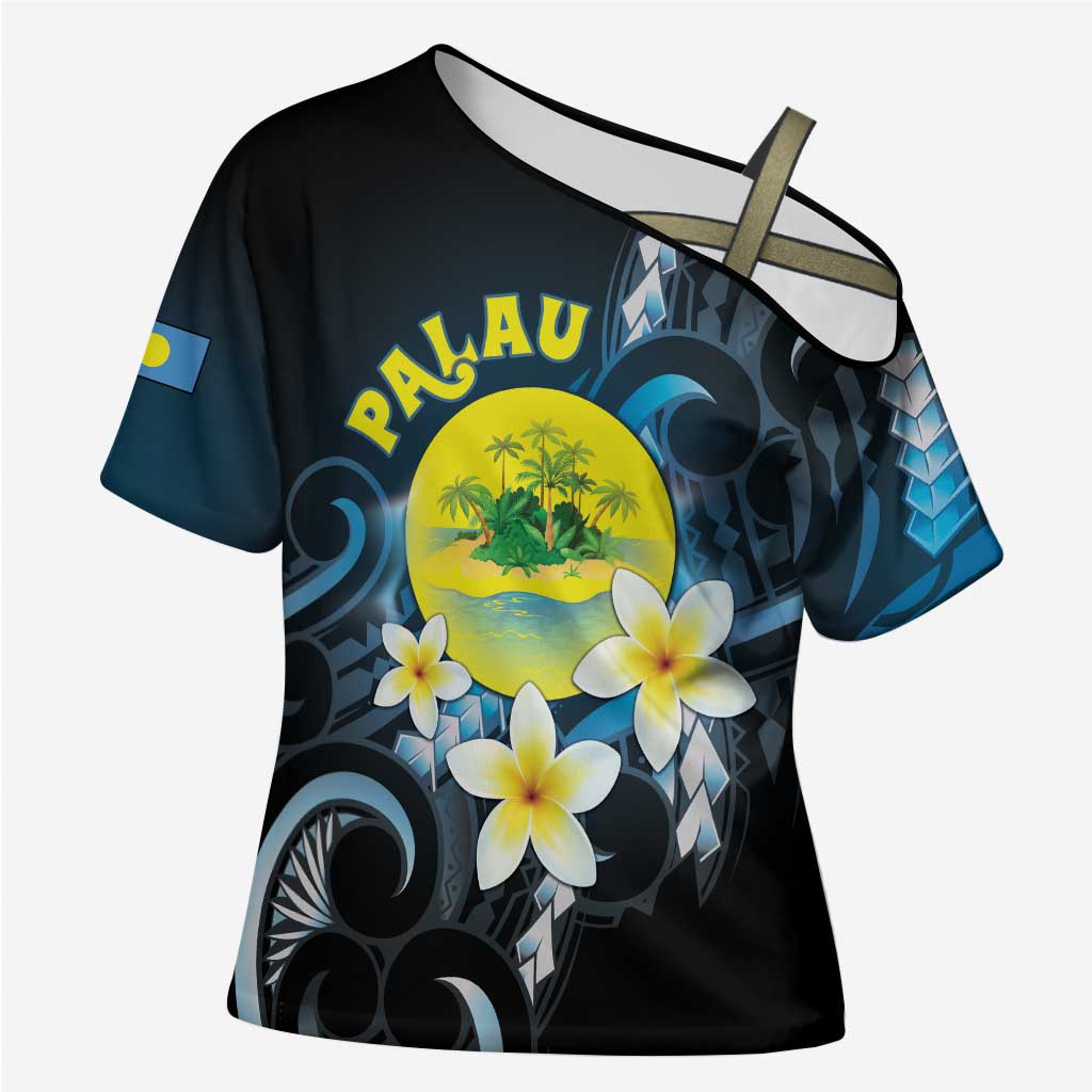 Palau United Nations Day Cross Shoulder Shirt Polynesian Curves Plumeria - Polynesian Pride