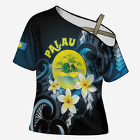 Palau United Nations Day Cross Shoulder Shirt Polynesian Curves Plumeria - Polynesian Pride
