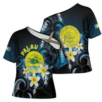 Palau United Nations Day Cross Shoulder Shirt Polynesian Curves Plumeria - Polynesian Pride