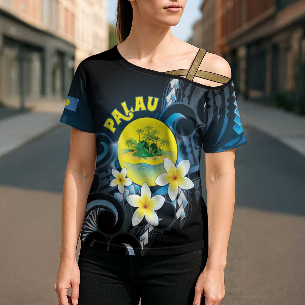 Palau United Nations Day Cross Shoulder Shirt Polynesian Curves Plumeria - Polynesian Pride