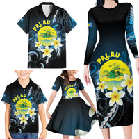 Palau United Nations Day Family Matching Long Sleeve Bodycon Dress and Hawaiian Shirt Polynesian Curves Plumeria - Polynesian Pride