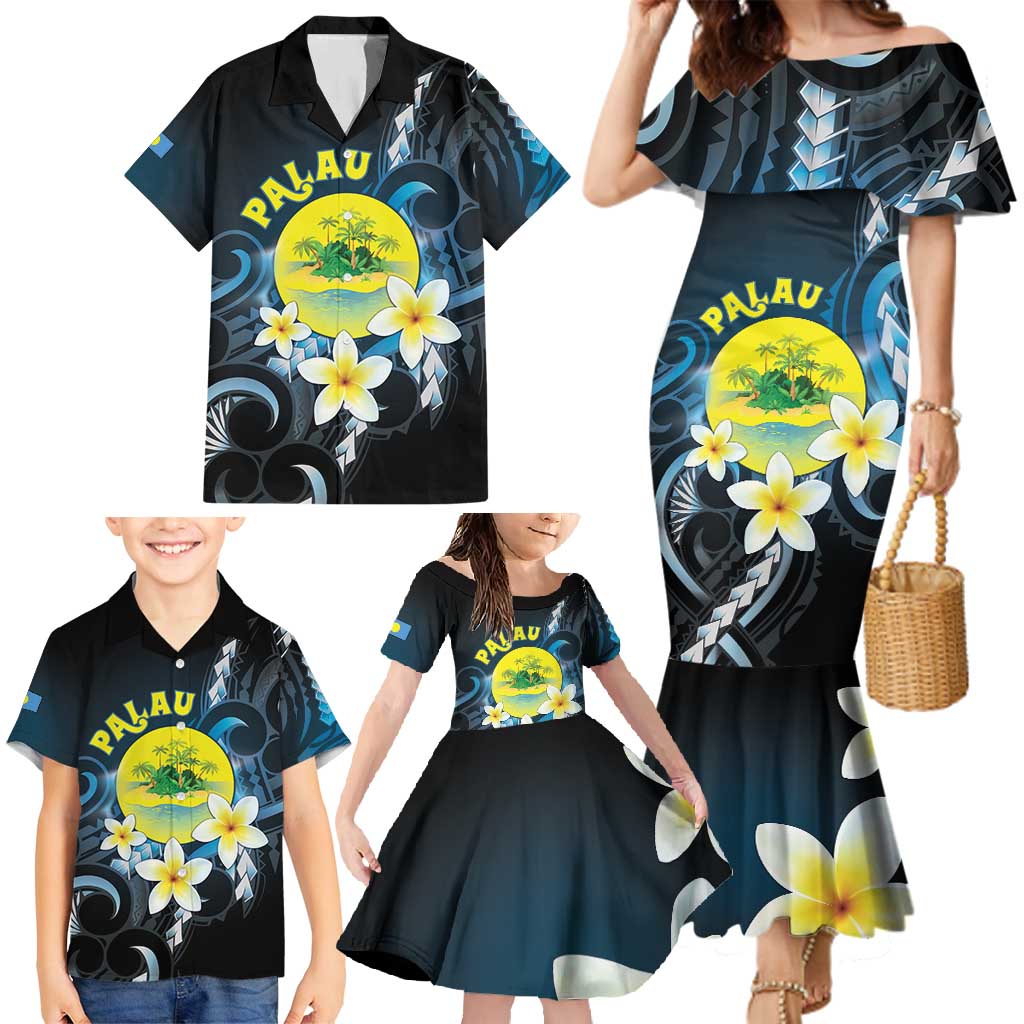 Palau United Nations Day Family Matching Mermaid Dress and Hawaiian Shirt Polynesian Curves Plumeria - Polynesian Pride