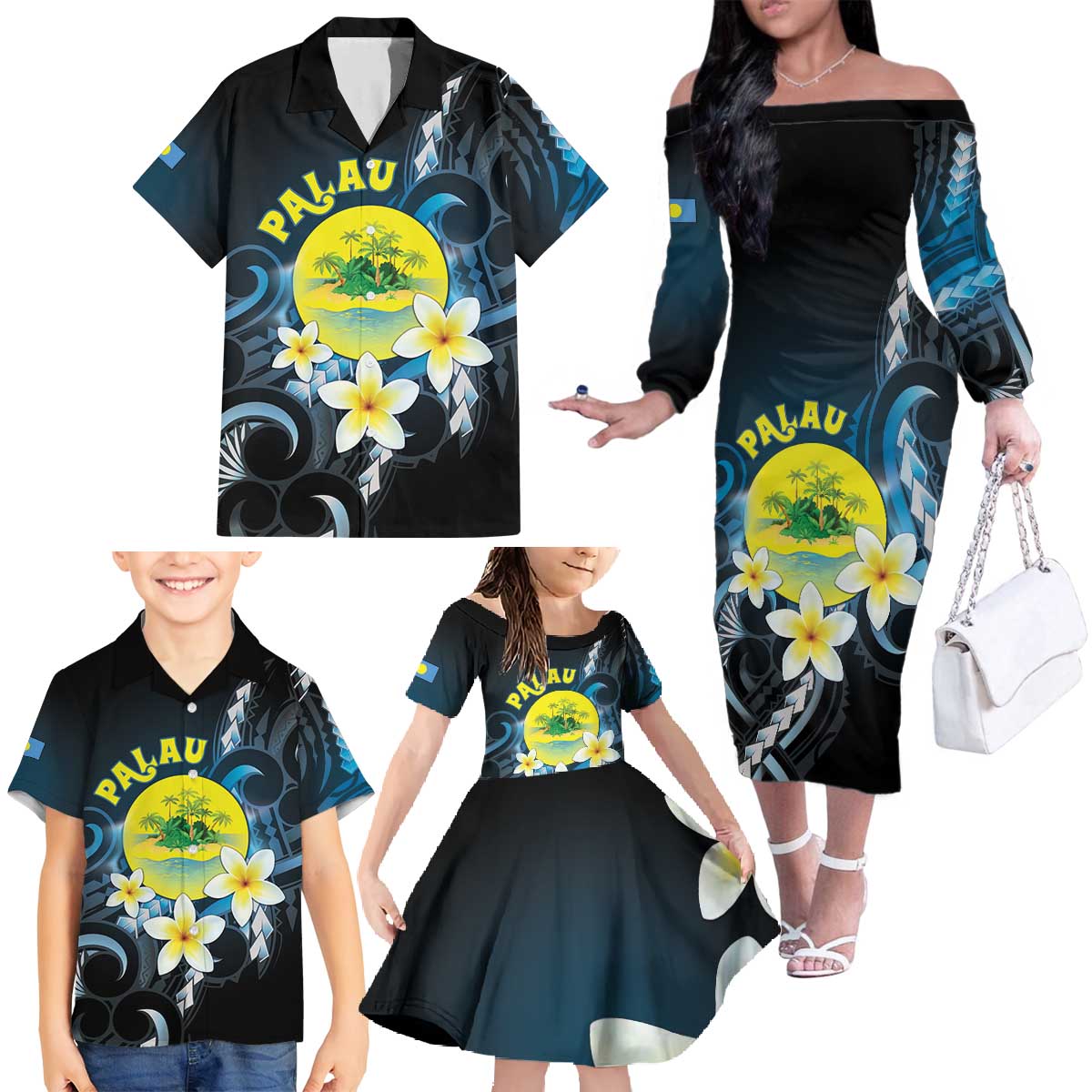 Palau United Nations Day Family Matching Off The Shoulder Long Sleeve Dress and Hawaiian Shirt Polynesian Curves Plumeria - Polynesian Pride