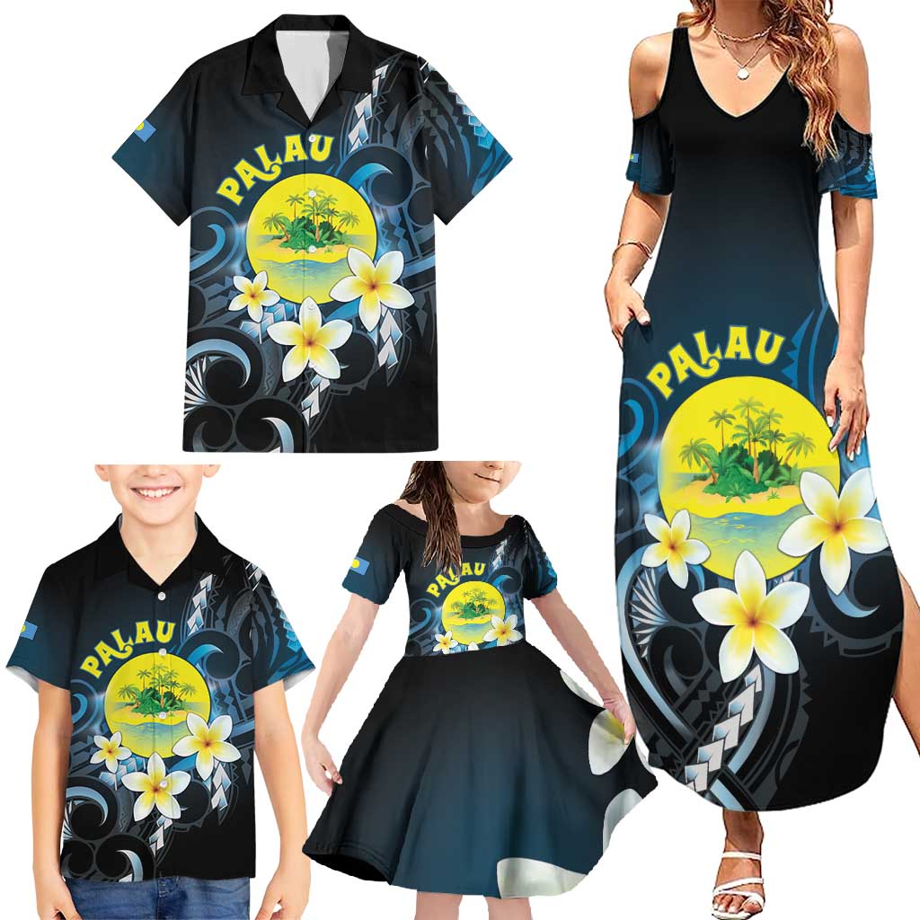 Palau United Nations Day Family Matching Summer Maxi Dress and Hawaiian Shirt Polynesian Curves Plumeria - Polynesian Pride