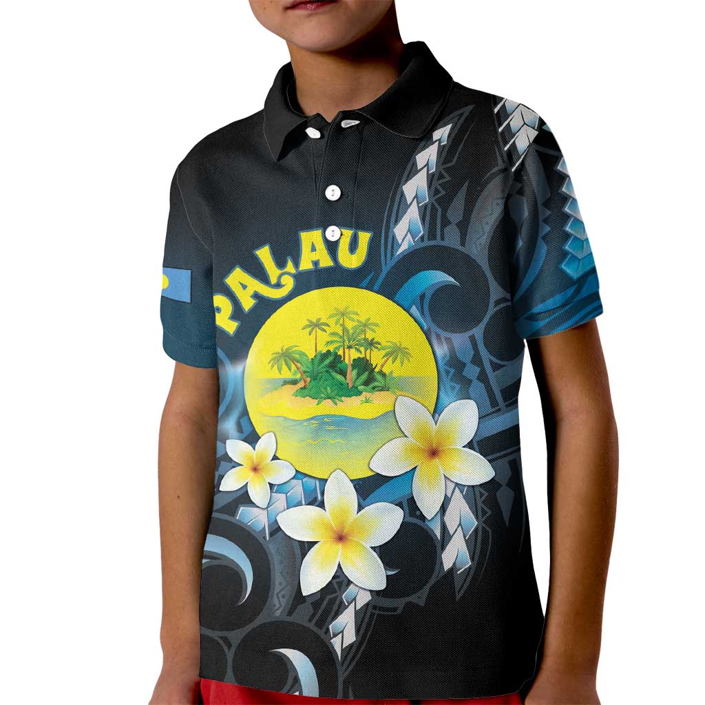 Palau United Nations Day Kid Polo Shirt Polynesian Curves Plumeria - Polynesian Pride
