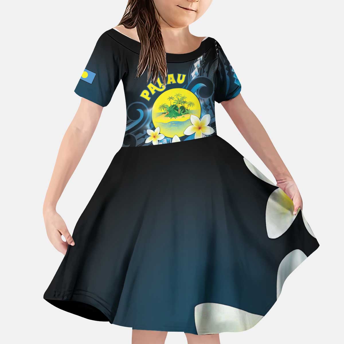 Palau United Nations Day Kid Short Sleeve Dress Polynesian Curves Plumeria - Polynesian Pride