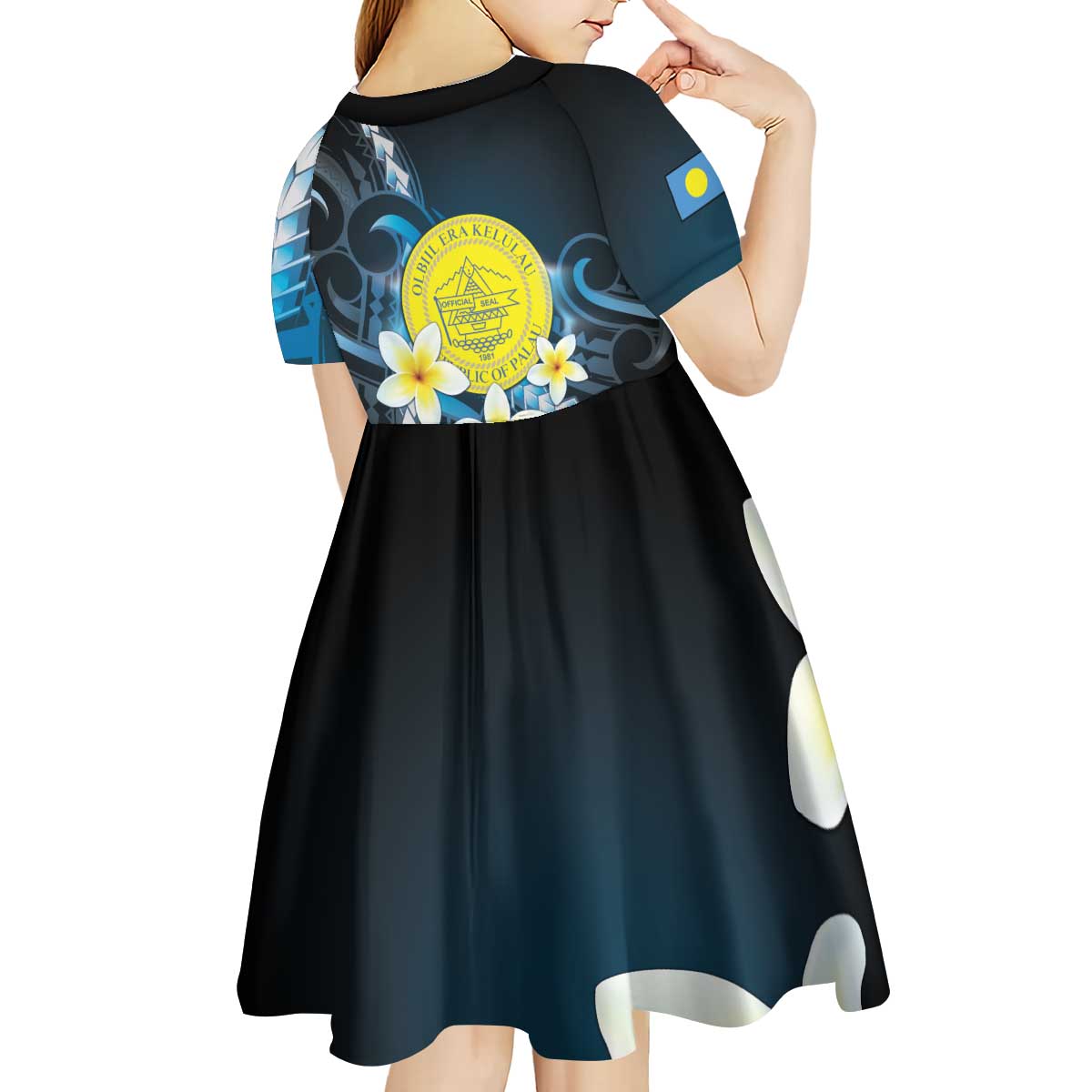 Palau United Nations Day Kid Short Sleeve Dress Polynesian Curves Plumeria - Polynesian Pride