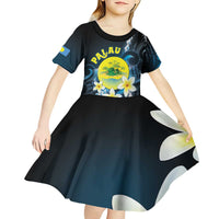 Palau United Nations Day Kid Short Sleeve Dress Polynesian Curves Plumeria - Polynesian Pride