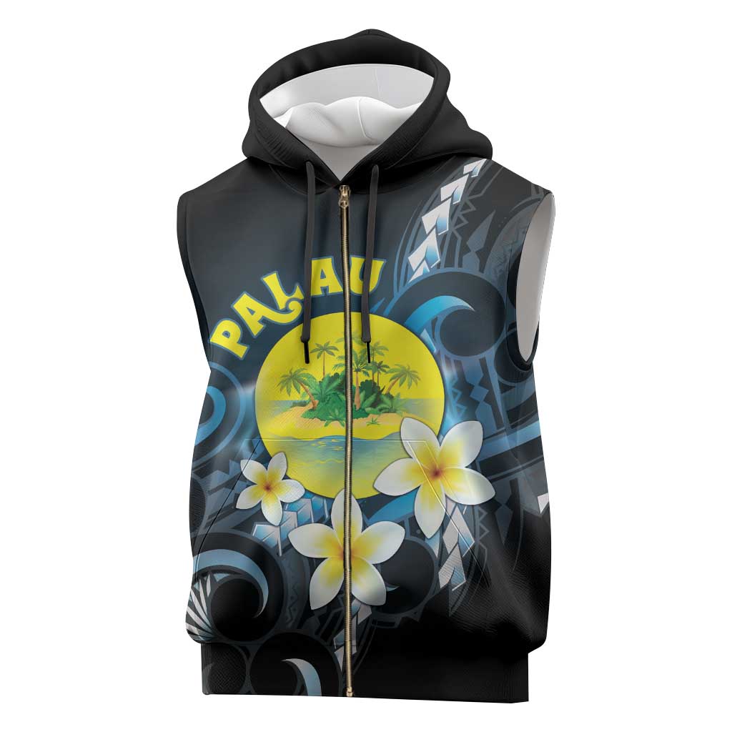 Palau United Nations Day Sleeveless Zip Hoodie Polynesian Curves Plumeria - Polynesian Pride