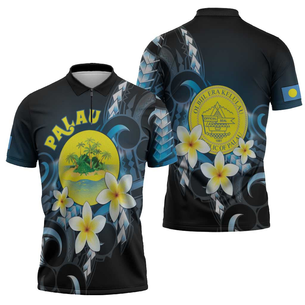 Palau United Nations Day Zipper Polo Shirt Polynesian Curves Plumeria - Polynesian Pride