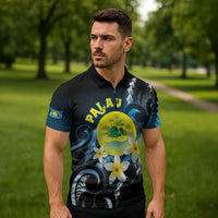 Palau United Nations Day Zipper Polo Shirt Polynesian Curves Plumeria - Polynesian Pride
