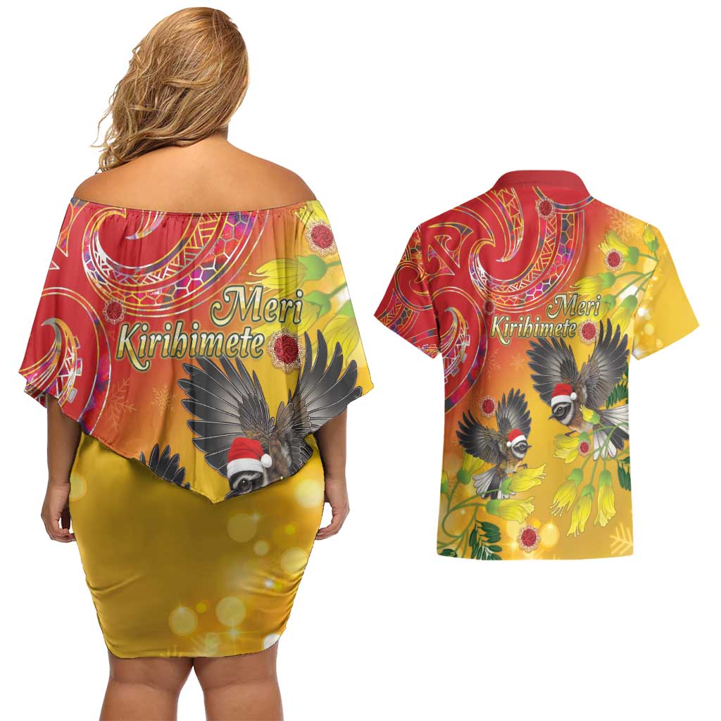 New Zealand Piwakawaka Christmas Couples Matching Off Shoulder Short Dress and Hawaiian Shirt With Maori Pattern LT05 - Polynesian Pride
