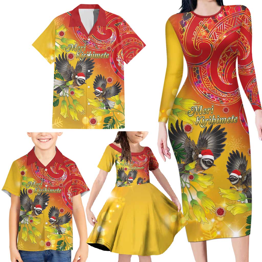 New Zealand Piwakawaka Christmas Family Matching Long Sleeve Bodycon Dress and Hawaiian Shirt With Maori Pattern LT05 - Polynesian Pride