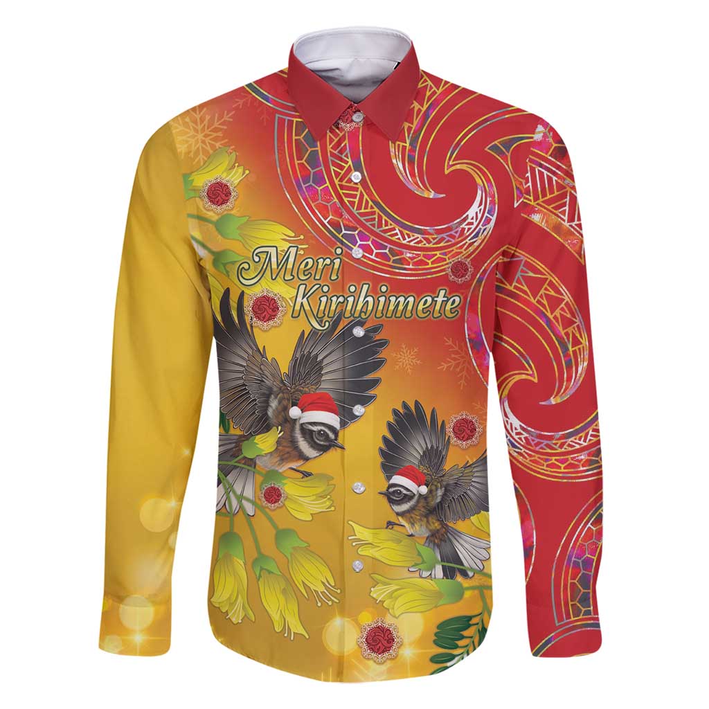 New Zealand Piwakawaka Christmas Family Matching Long Sleeve Bodycon Dress and Hawaiian Shirt With Maori Pattern LT05 Dad's Shirt - Long Sleeve Yellow - Polynesian Pride