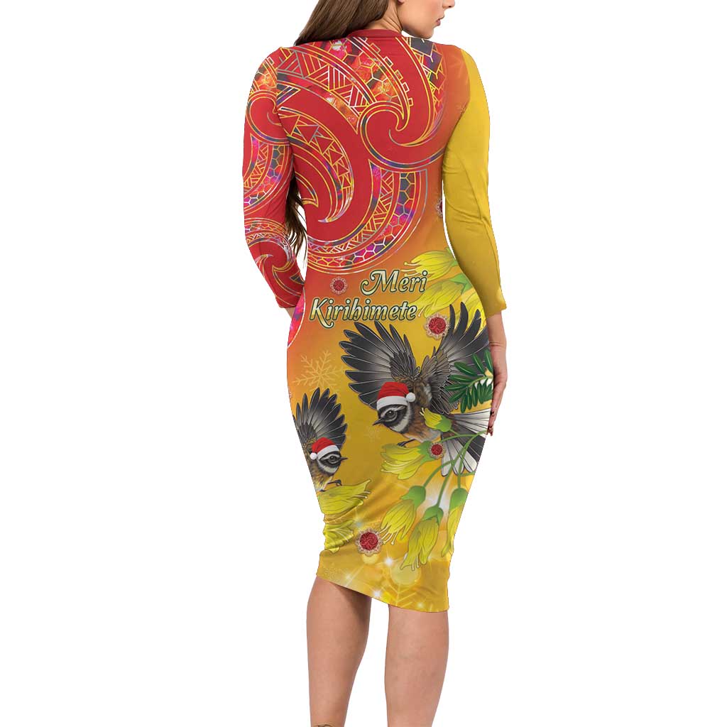 New Zealand Piwakawaka Christmas Family Matching Long Sleeve Bodycon Dress and Hawaiian Shirt With Maori Pattern LT05 - Polynesian Pride