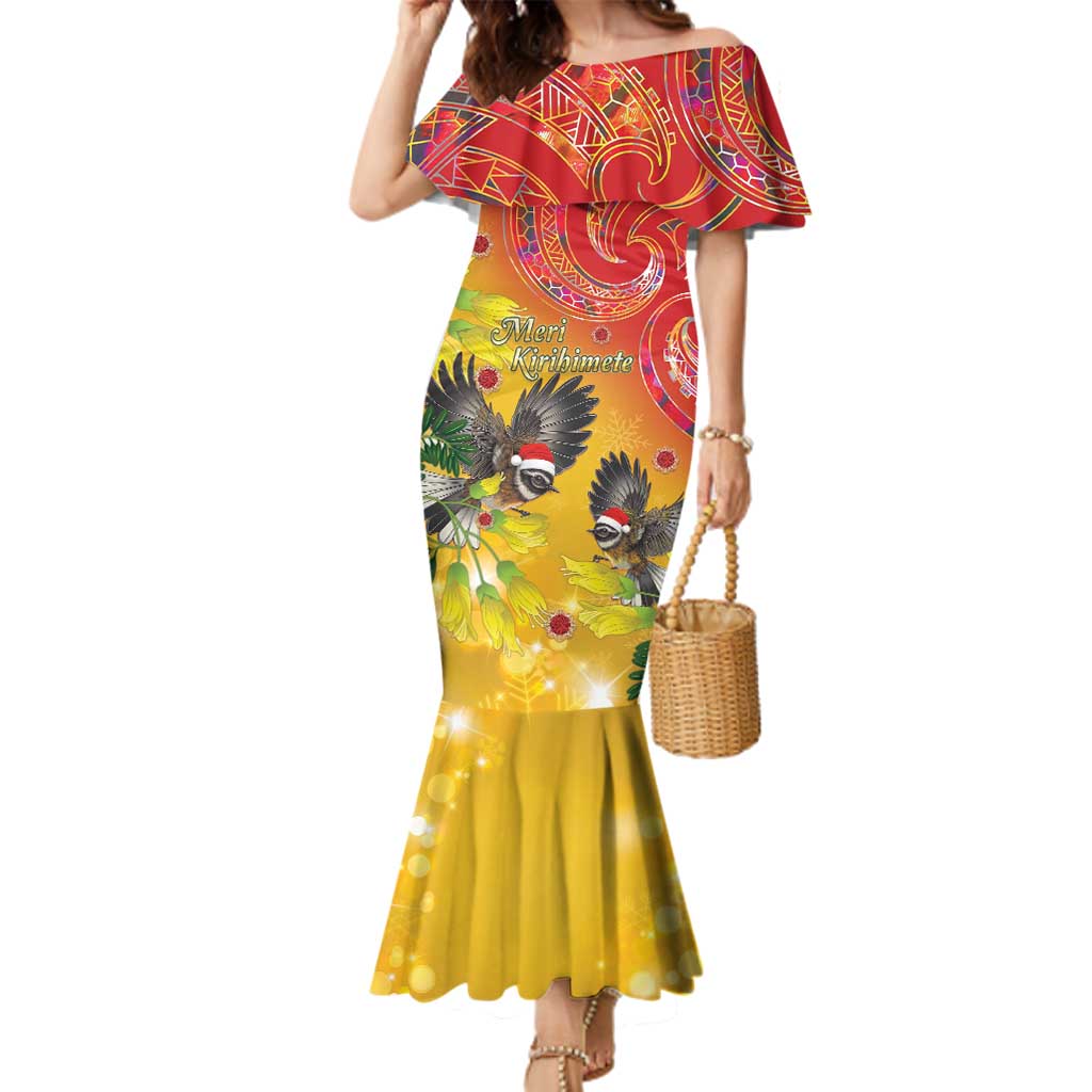 New Zealand Piwakawaka Christmas Family Matching Mermaid Dress and Hawaiian Shirt With Maori Pattern