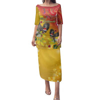New Zealand Piwakawaka Christmas Family Matching Puletasi and Hawaiian Shirt With Maori Pattern LT05 Mom's Dress Yellow - Polynesian Pride