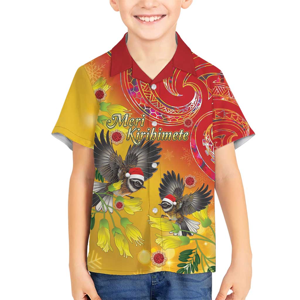 New Zealand Piwakawaka Christmas Family Matching Puletasi and Hawaiian Shirt With Maori Pattern LT05 Son's Shirt Yellow - Polynesian Pride