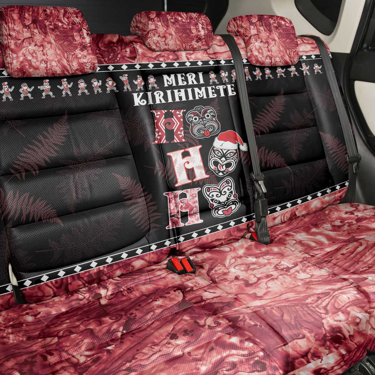 New Zealand Tiki Christmas Back Car Seat Cover Ho Ho Ho Paua Shell Glitter Red