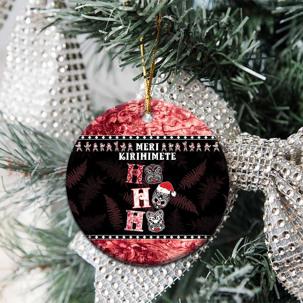 Personalised New Zealand Tiki Christmas Ceramic Ornament Ho Ho Ho Paua Shell Glitter Red