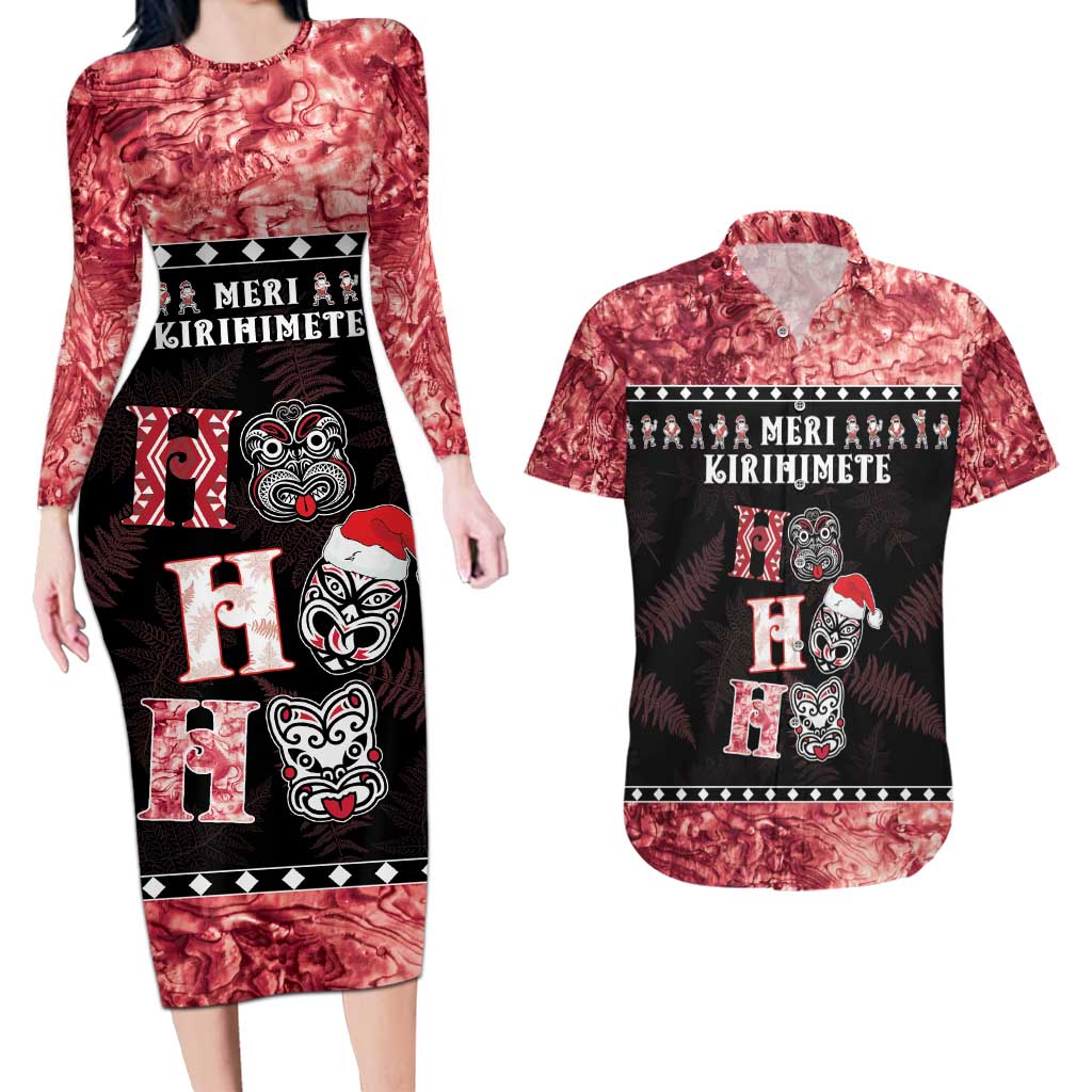 Personalised New Zealand Tiki Christmas Couples Matching Long Sleeve Bodycon Dress and Hawaiian Shirt Ho Ho Ho Paua Shell Glitter Red