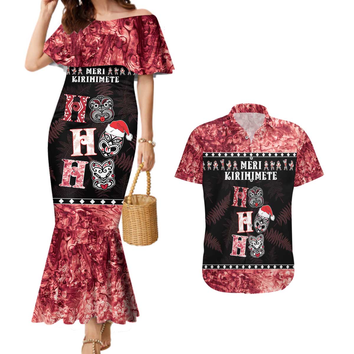 Personalised New Zealand Tiki Christmas Couples Matching Mermaid Dress and Hawaiian Shirt Ho Ho Ho Paua Shell Glitter Red