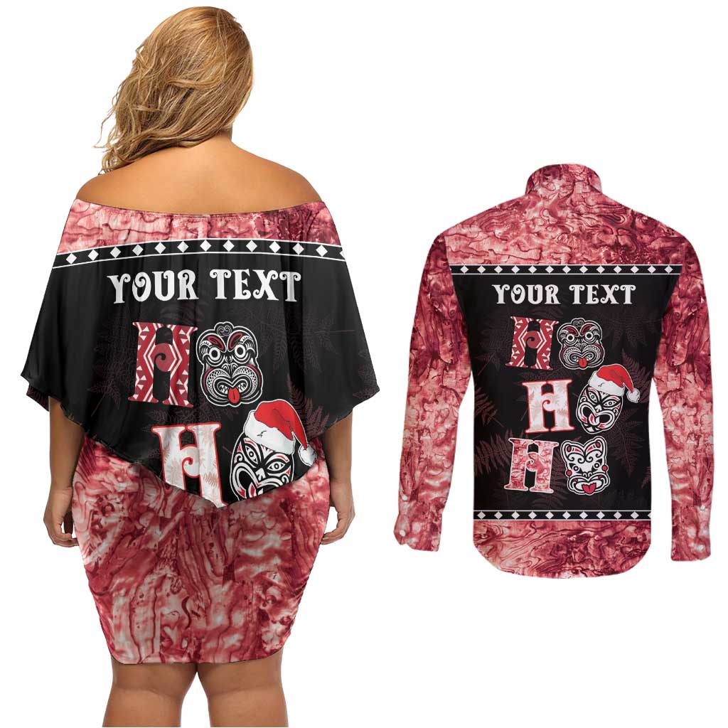 Personalised New Zealand Tiki Christmas Couples Matching Off Shoulder Short Dress and Long Sleeve Button Shirt Ho Ho Ho Paua Shell Glitter Red