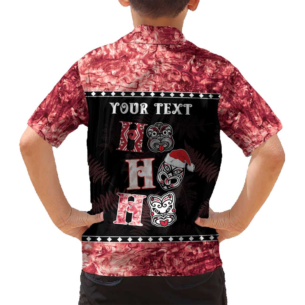 Personalised New Zealand Tiki Christmas Family Matching Long Sleeve Bodycon Dress and Hawaiian Shirt Ho Ho Ho Paua Shell Glitter Red LT05 - Polynesian Pride