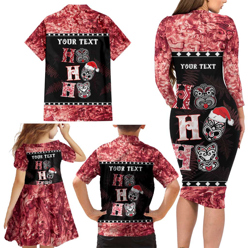Personalised New Zealand Tiki Christmas Family Matching Long Sleeve Bodycon Dress and Hawaiian Shirt Ho Ho Ho Paua Shell Glitter Red LT05 - Polynesian Pride