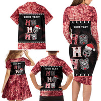 Personalised New Zealand Tiki Christmas Family Matching Long Sleeve Bodycon Dress and Hawaiian Shirt Ho Ho Ho Paua Shell Glitter Red LT05 - Polynesian Pride