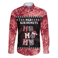 Personalised New Zealand Tiki Christmas Family Matching Long Sleeve Bodycon Dress and Hawaiian Shirt Ho Ho Ho Paua Shell Glitter Red LT05 Dad's Shirt - Long Sleeve Black - Polynesian Pride