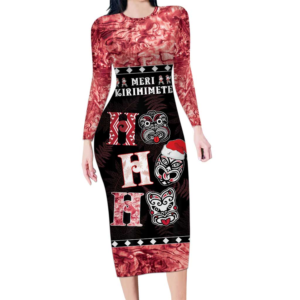 Personalised New Zealand Tiki Christmas Family Matching Long Sleeve Bodycon Dress and Hawaiian Shirt Ho Ho Ho Paua Shell Glitter Red LT05 Mom's Dress Black - Polynesian Pride