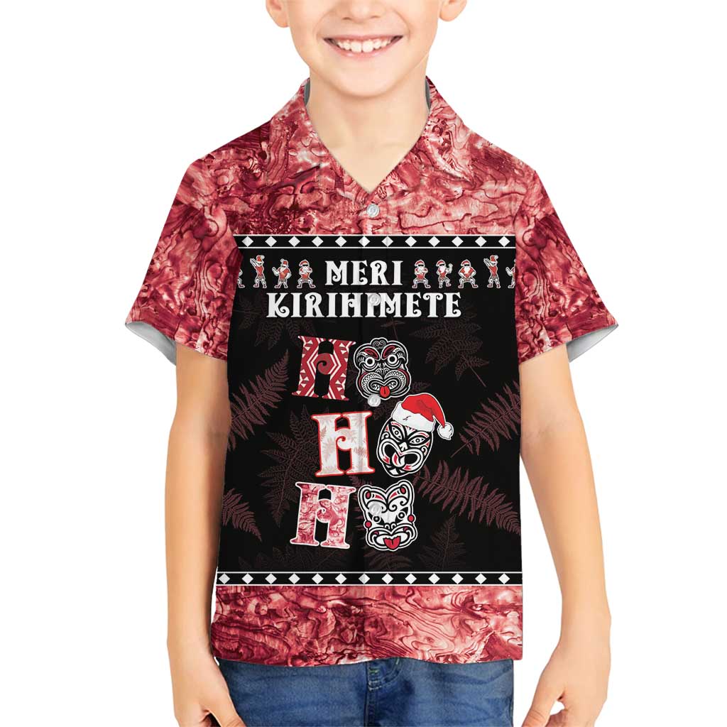 Personalised New Zealand Tiki Christmas Family Matching Long Sleeve Bodycon Dress and Hawaiian Shirt Ho Ho Ho Paua Shell Glitter Red LT05 Son's Shirt Black - Polynesian Pride