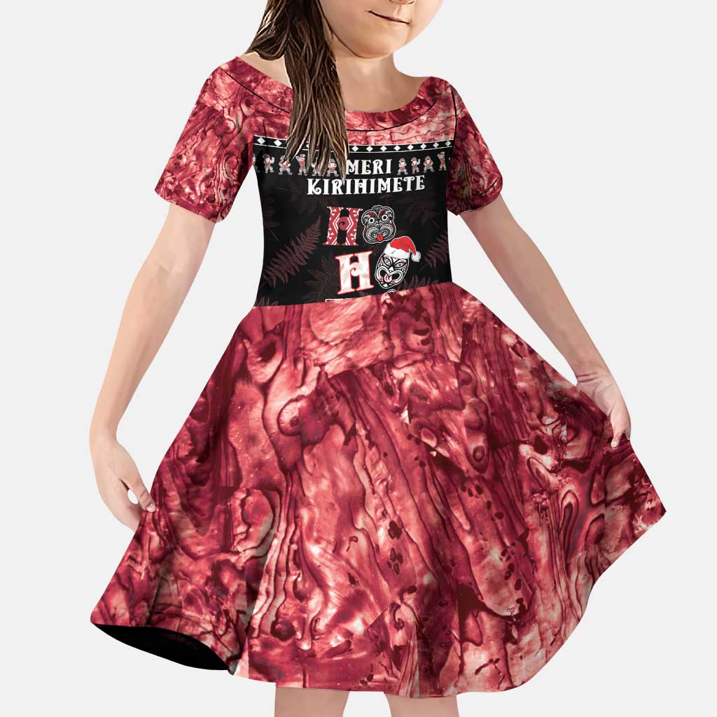 Personalised New Zealand Tiki Christmas Family Matching Puletasi and Hawaiian Shirt Ho Ho Ho Paua Shell Glitter Red LT05 Daughter's Dress Black - Polynesian Pride