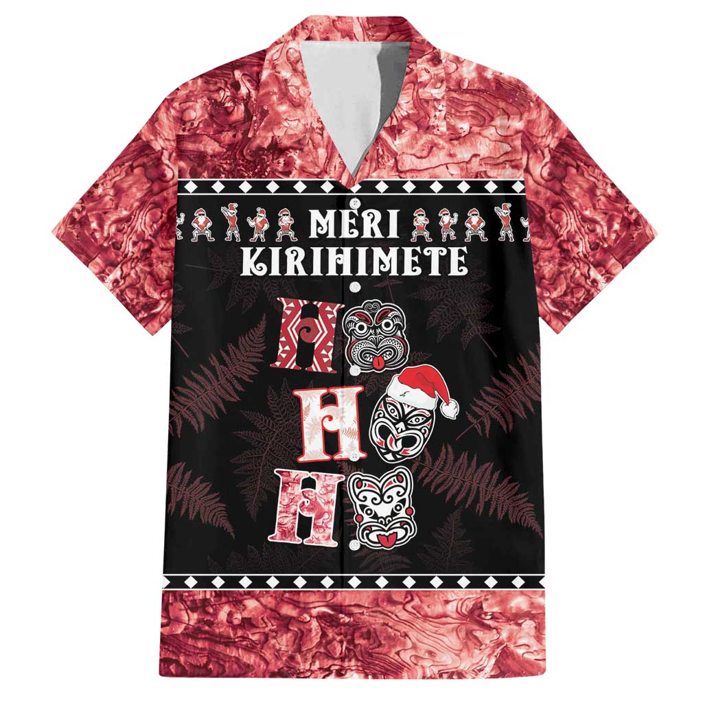 Personalised New Zealand Tiki Christmas Family Matching Puletasi and Hawaiian Shirt Ho Ho Ho Paua Shell Glitter Red LT05 Dad's Shirt - Short Sleeve Black - Polynesian Pride