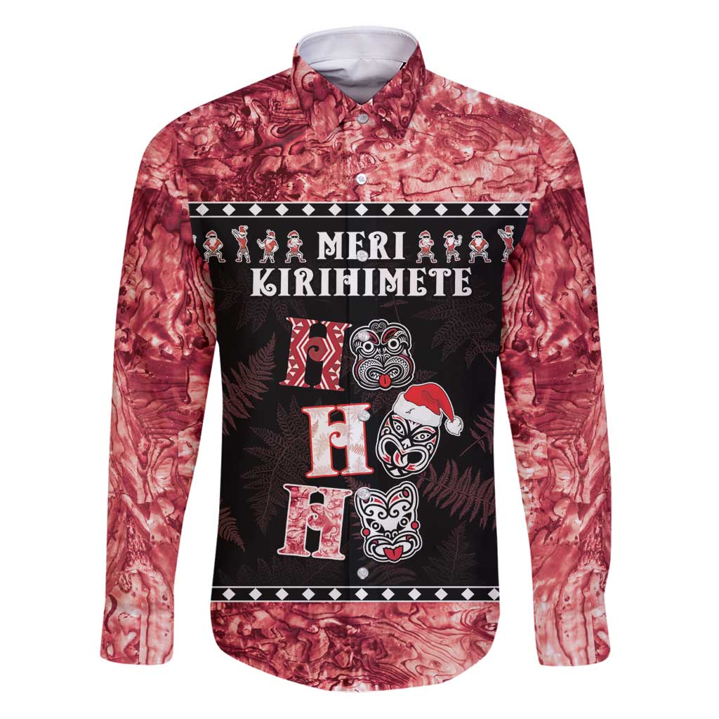 Personalised New Zealand Tiki Christmas Family Matching Puletasi and Hawaiian Shirt Ho Ho Ho Paua Shell Glitter Red LT05 Dad's Shirt - Long Sleeve Black - Polynesian Pride