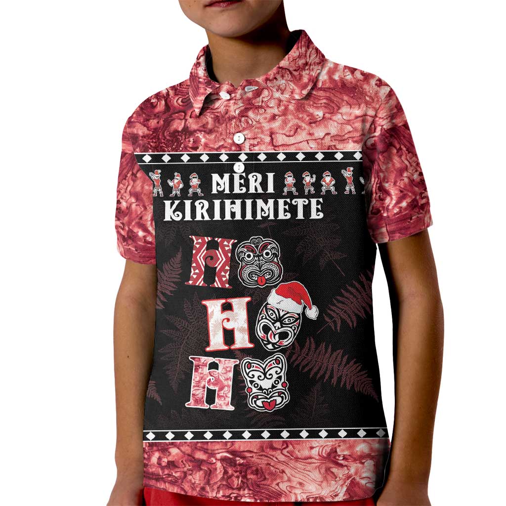 Personalised New Zealand Tiki Christmas Kid Polo Shirt Ho Ho Ho Paua Shell Glitter Red